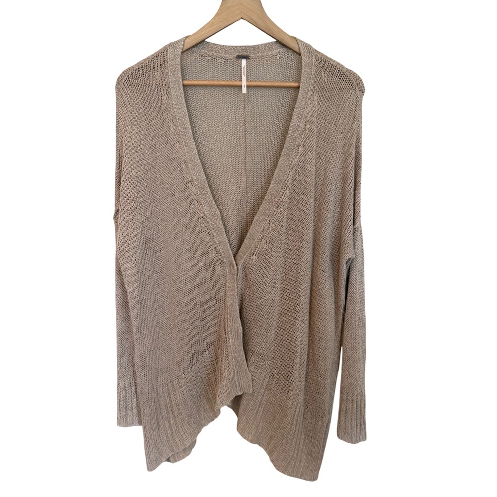 Free People Cardigan S Tan 100% Linen Open Knit Snap Front Oversized Boho